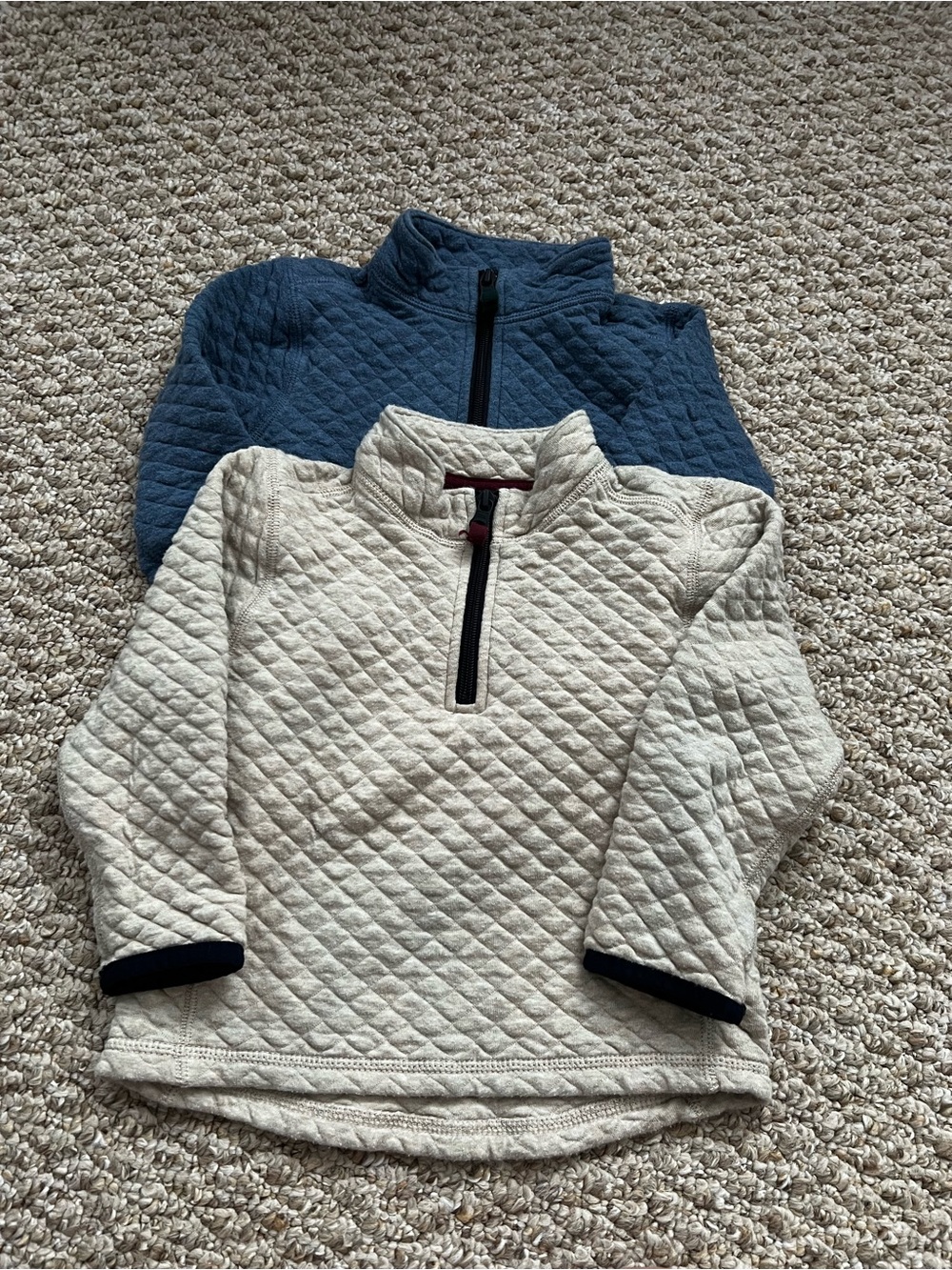 J. Crew Factory Quilted Half-Zip Sweatshirts in Cream and Blue